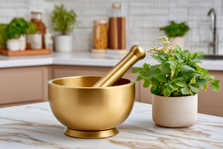Polished brass mortar and pestle sitting on a marble countertop with a potted herb plantの素材