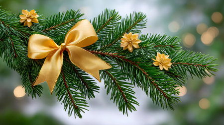 Fir tree branch adorned with a gold bow and tiny ornaments creating a festive holiday atmosphereの素材