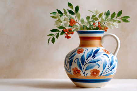 Ceramic pitcher with blue floral patterns and orange berries, sitting on a light surfaceの素材