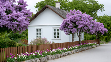 White country house with blooming lilac trees and colorful tulips lining a stone residential streetの素材