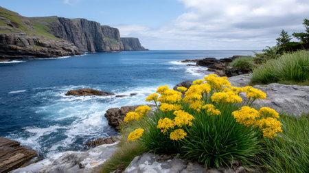 Yellow wildflowers growing along the rocky coastline with dramatic sea cliffsの素材