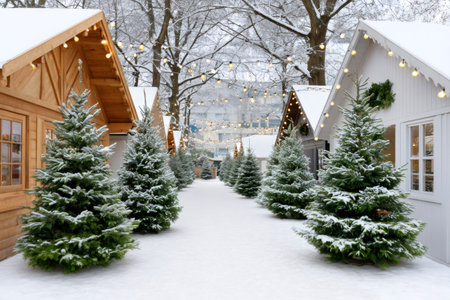Winter wonderland scene showing festive wooden market chalets lined with fresh snow and decorationsの素材