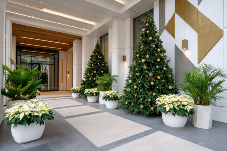 Christmas trees and white poinsettias adorning a modern building entrance for holiday greetingsの素材