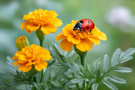 Ladybug standing on yellow marigold flower head in a garden, bright summer dayの素材