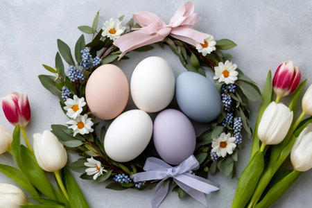 Pastel Easter eggs arranged in a delicate wreath with spring tulips on a gray backgroundの素材