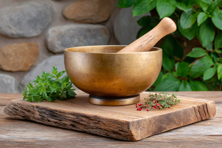 Mortar and pestle crushing fresh herbs and spices on a rustic wooden boardの素材