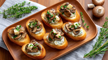 Savory crostini appetizer serving toasted baguette slices topped with creamy cheese, seasoned mushrooms, and fresh thymeの素材