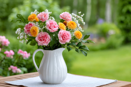 Bouquet of fresh pink carnations, yellow pompom flowers, and baby's breath in a white pitcherの素材