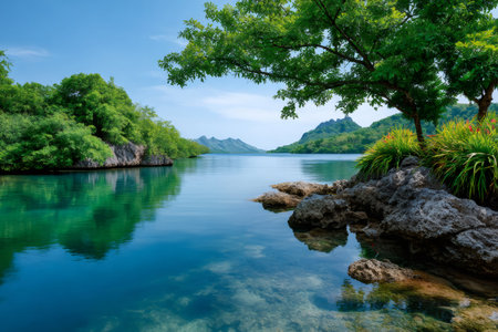Tropical island lagoon with clear turquoise water and lush green foliage under a blue skyの素材
