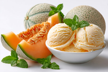 Scoops of cantaloupe ice cream with sliced melon and green mint leavesの素材