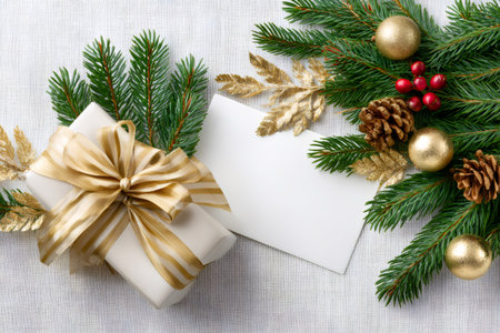 Gift box with golden ribbon next to an empty greeting card and holiday decorationsの素材