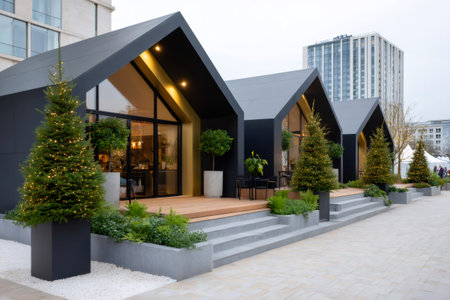 Retail chalets with contemporary design and illuminated Christmas trees decorating for the winter seasonの素材