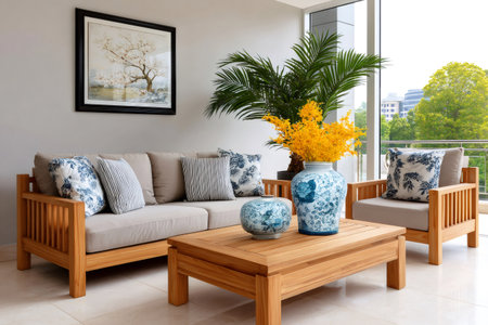 Wooden outdoor furniture set creating an inviting and comfortable ambiance for relaxationの素材