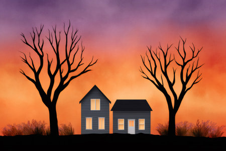 Houses illuminated at twilight, with barren trees silhouetted against an orange and purple skyの素材