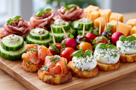 Appetizers platter featuring salmon canapes, cheese cubes, fresh vegetables, and charcuterieの素材