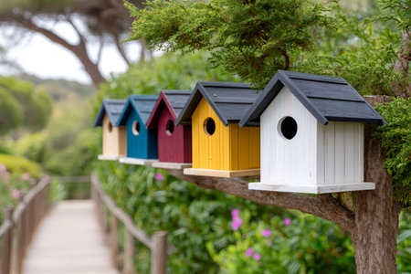 Birdhouses in a row creating a charming scene along a winding wooden path in a green gardenの素材