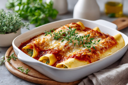 Cannelloni pasta tubes filling with spinach and ricotta cheese, baking in tomato sauce and mozzarellaの素材