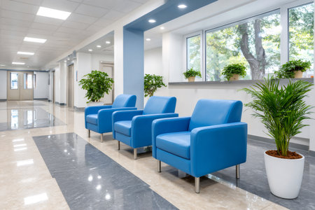 Modern hospital waiting room interior featuring blue chairs, potted plants, and bright hallwayの素材