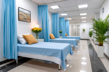 Hospital ward with multiple empty beds, blue curtains, and plants creating a healing environmentの素材