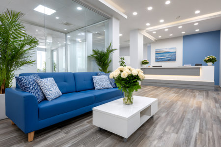 Clean interior design of a contemporary business lobby with comfortable seating and plantsの素材