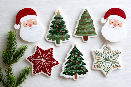 Cute festive Christmas elements, including Santa Claus faces, decorated trees, and snowflakes on a white backgroundの素材