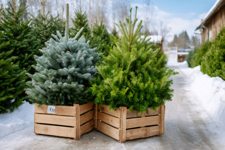 Evergreen spruces in crates standing on snow in a winter tree nurseryの素材