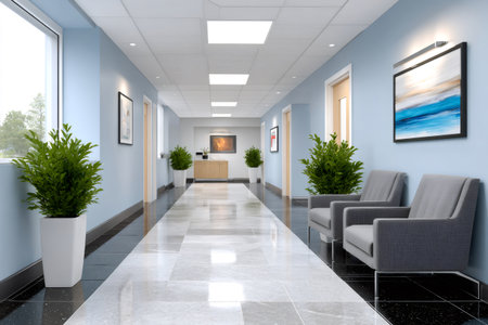Modern clean hallway providing a sterile environment for a medical clinic or office buildingの素材