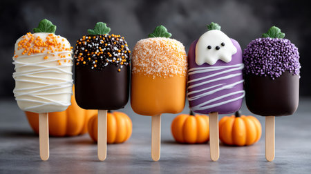 Halloween themed cakesicles with pumpkin and ghost decorations on a dark backgroundの素材