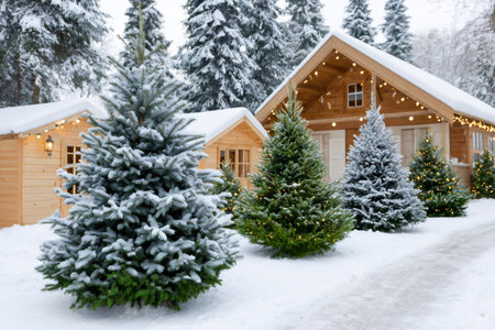 Wooden cabins and snow-covered pine trees with Christmas lights creating a cozy holiday sceneの素材