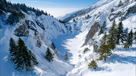 Alpine valley covered in deep snow with evergreen trees and a frozen lake reflecting blue skyの素材