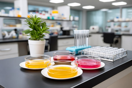 Science laboratory showing petri dishes with colored liquids and a potted plantの素材
