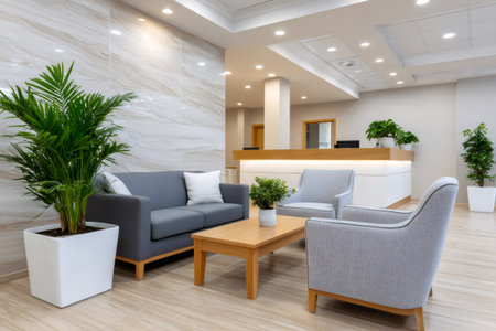 Lobby entrance displaying contemporary interior design with stylish furniture and green plantsの素材