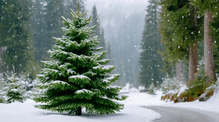 Evergreen tree stands snow-covered in a quiet forest during a snowfall, creating a peaceful winter sceneの素材