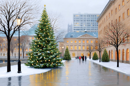 People walking on a city street decorated with Christmas trees and lights during winterの素材