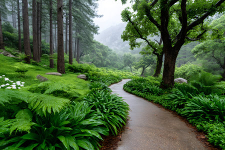 Wet path leading through a beautiful green garden with ferns and trees on a misty dayの素材