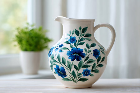 Ceramic pitcher featuring hand-painted blue flowers and green leaves, standing on a white tableの素材
