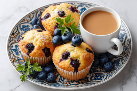 Freshly baked blueberry muffins and hot coffee with milk on a vintage-style plateの素材