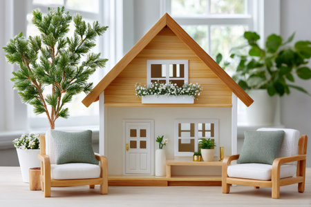 Wooden dollhouse with minimalist furniture and green plants symbolizing real estate and interior designの素材