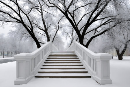 Park stairs leading up a path, surrounded by snow-covered trees during winterの素材