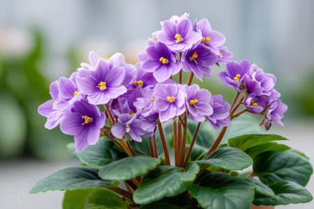African violet houseplant displaying vibrant purple blossoms and green leavesの素材
