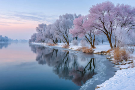 Winter landscape showing hoarfrost trees along a frozen river at dawnの素材