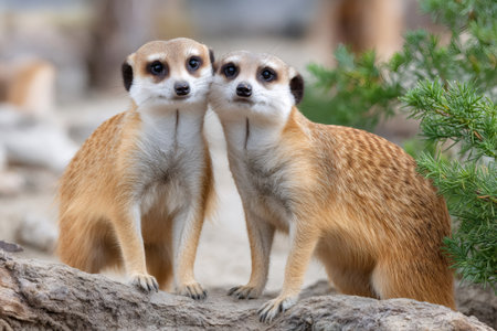 Two meerkats standing alert on a rock, looking attentively forwardの素材