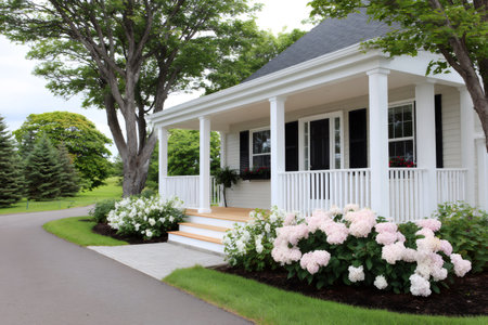 Residential house with a porch and steps surrounded by a beautiful garden and landscapingの素材