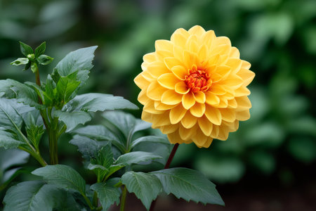 Yellow dahlia flower showing detailed petals and green foliage in a botanical gardenの素材
