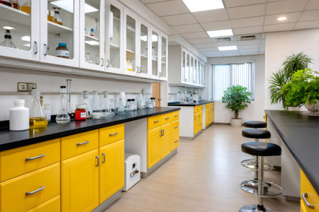 Modern chemical laboratory featuring various glassware and scientific equipment on black countertopsの素材