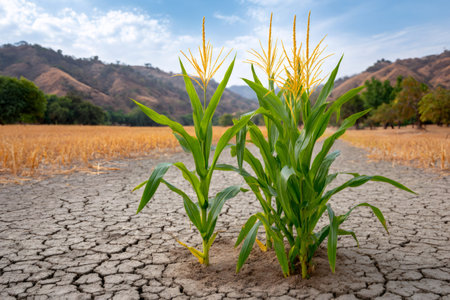 Green corn plants growing in a cracked dry field with a vast arid landscapeの素材