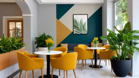 Vibrant cafe space featuring yellow chairs, plants, and geometric wall decor creating an inviting atmosphereの素材