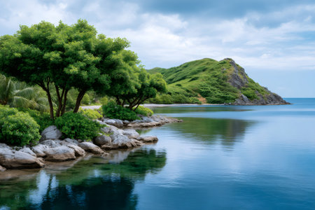 Lush green hills and trees lining a tranquil bay with clear blue-green water under a cloudy skyの素材