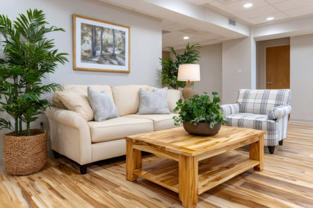Contemporary living room featuring a comfortable sofa, wooden coffee table, and an armchairの素材