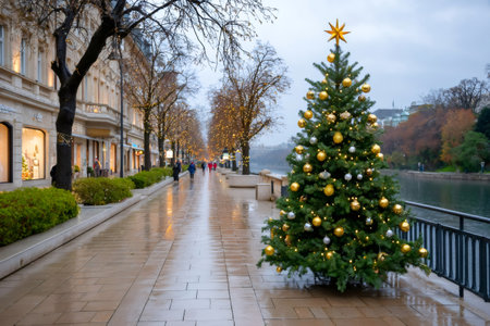 City street along a river with Christmas decorations and people walking in cold weatherの素材